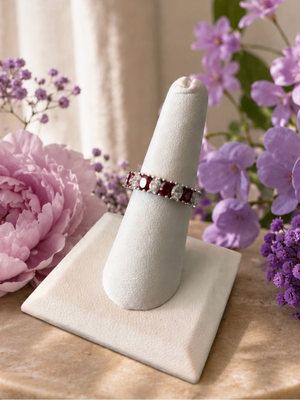 New! Elegant Red Moissanite Silver Ring Size 7
